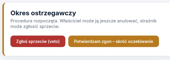 Okres ostrzegawczy z przyciskami strażnika: „Zgłoś sprzeciw (veto)” i „Potwierdzam zgon – skróć oczekiwanie”.