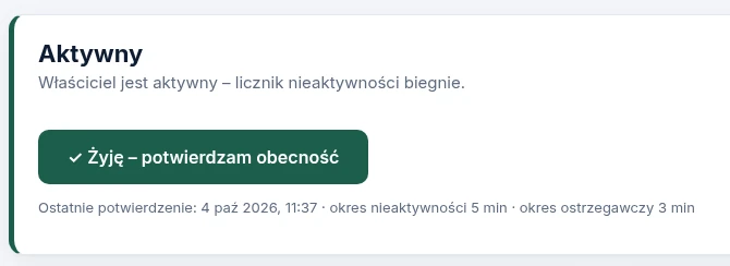 Status sejfu „Aktywny” z przyciskiem „Żyję – potwierdzam obecność”.